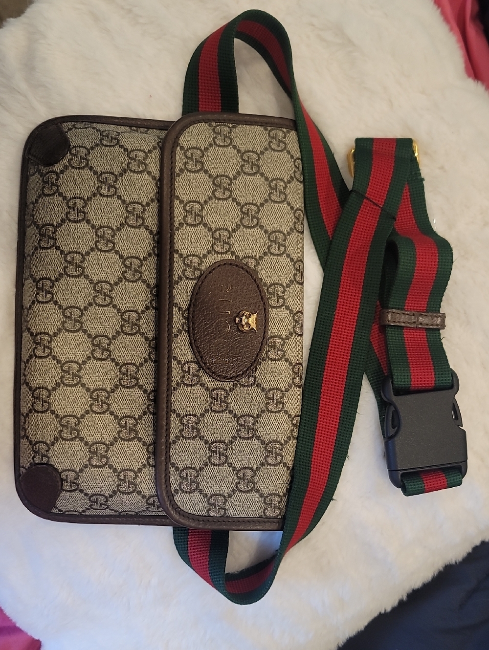 Authentic Gucci Brown Monogram Crossbody Belt Bag with Green-Red Web Strap